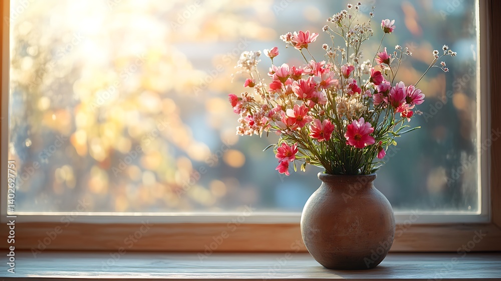 A beautiful bouquet of spring flowers in a rustic ceramic vase on windowsill, surrounded by soft natural light and pastel tones, creating a peaceful and cozy seasonal atmosphere A beautiful bouquet of spring flowers in a rustic ceramic vase on windowsill, surrounded by soft natural light and pastel tones, creating a peaceful and cozy seasonal atmosphere
