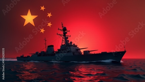 Chinese Navy Destroyer Silhouette- Against Flag Backdrop