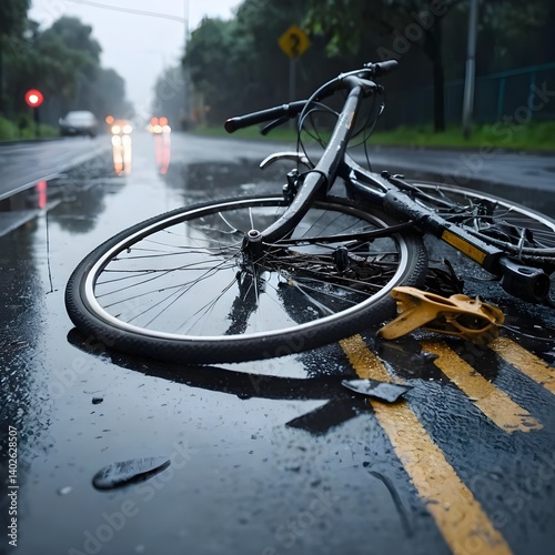 Rain-Soaked Bicycle Accident on Wet Road