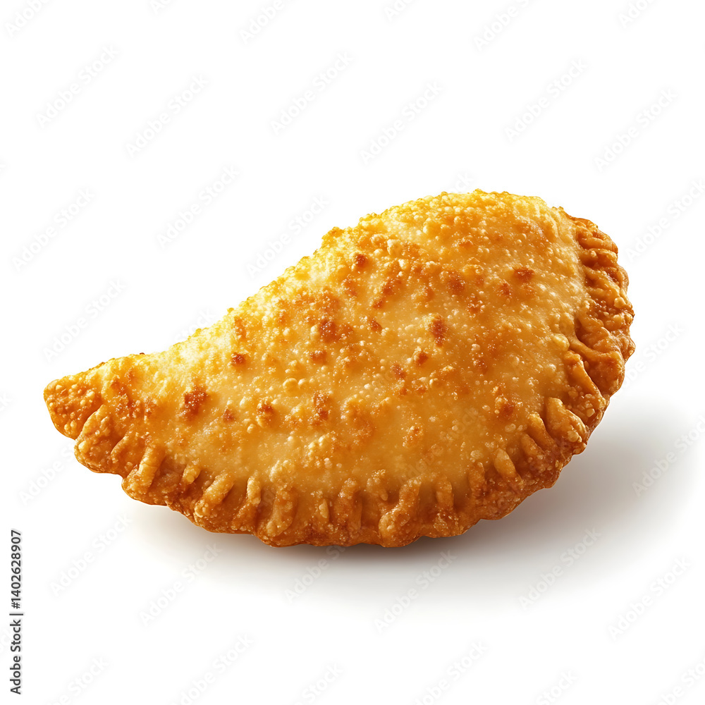 A golden crispy fried empanada with a flaky crust, tender filling of spiced meat, and a slight curve A golden crispy fried empanada with a flaky crust, tender filling of spiced meat, and a slight curve