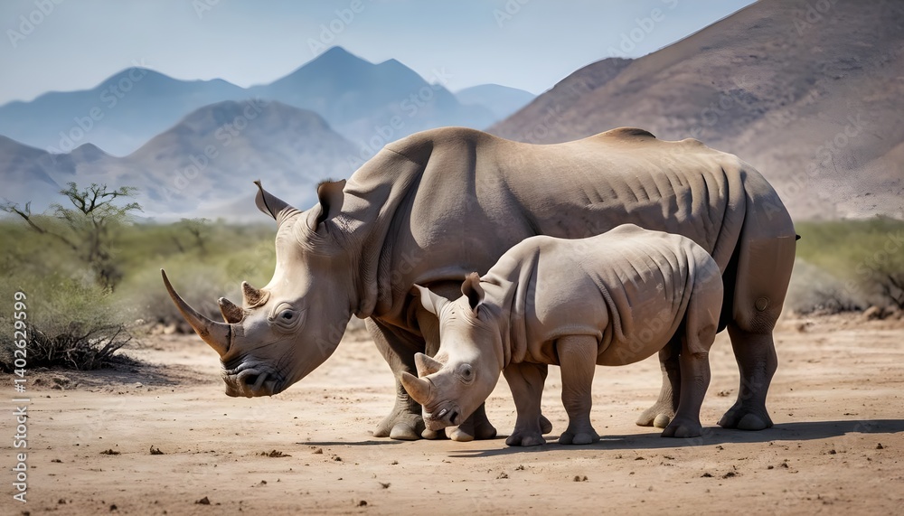 Fototapeta premium White Rhinoceros Mother and Calf in African Savanna