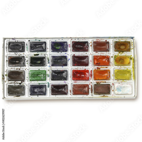 A palette of watercolors arranged in a tray, showcasing a variety of vibrant colors for artistic use.