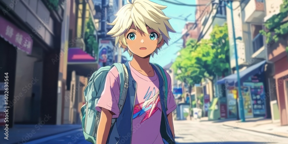 Obraz premium Young boy explores a vibrant urban street filled with shops during a sunny day in a lively city