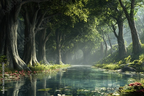 Serene forest landscape with clear water reflecting lush green trees at dawn