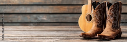 country music themed website, a vintage web banner with wooden textures, cowboy boots, and a nashville guitar evokes a nostalgic country music awards vibe