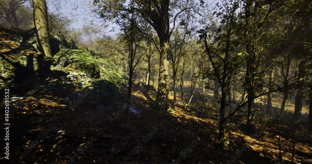 A serene forest filled with green trees and fallen leaves creates a peaceful atmosphere. Sunlight gently shines through the branches, illuminating the earth. A serene forest filled with green trees and fallen leaves creates a peaceful atmosphere. Sunlight gently shines through the branches, illuminating the earth.