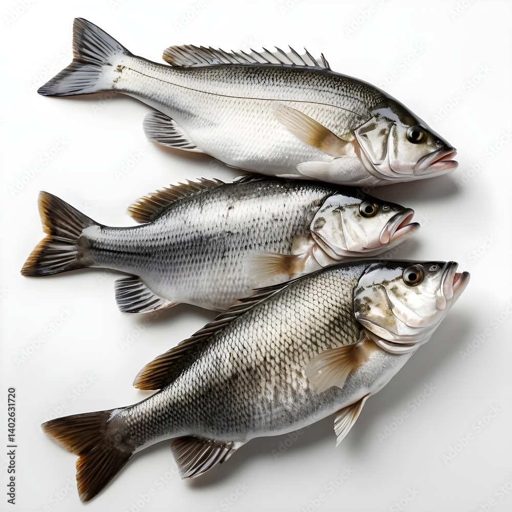 Obraz premium Three Fresh Sea Bass Fish on White Background