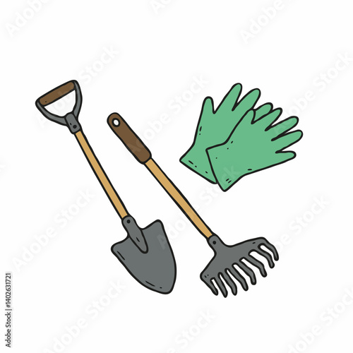 Gardening tools including gloves, shovel, and rake on white background