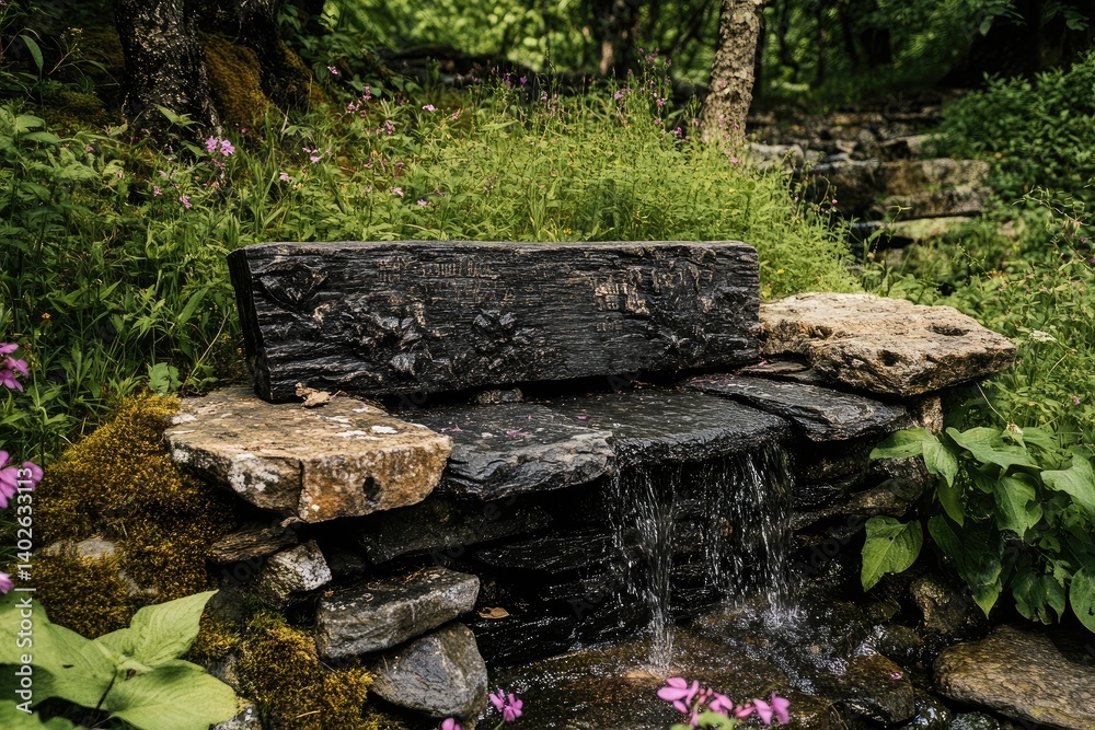 A rustic, handcrafted stone waterfall sitting on top of large flat rock in the garden with purple flowers. A rustic, handcrafted stone waterfall sitting on top of large flat rock in the garden with purple flowers.