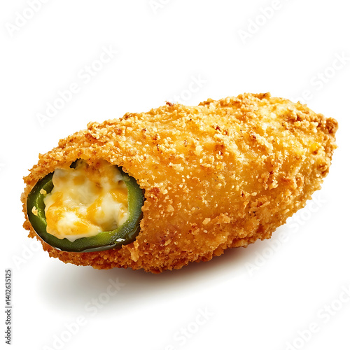 A golden crispy fried jalapeño popper with a crunchy breadcrumb coating, melted cheese filling, and a slightly irregular shape