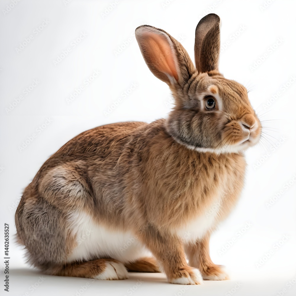 Fototapeta premium Adorable Brown Rabbit Sitting on White Background