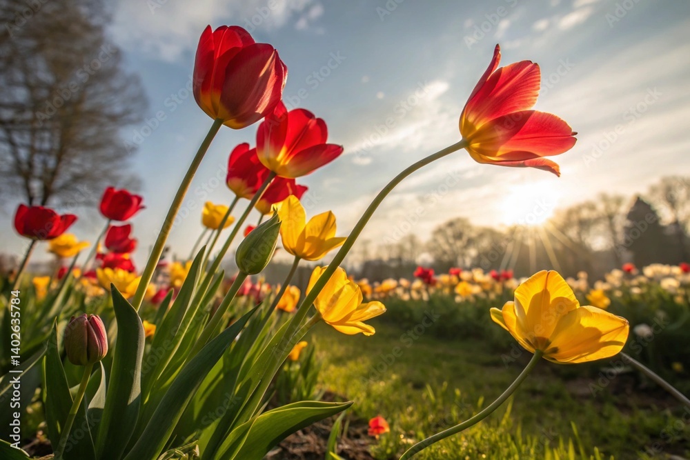 Obraz premium Red and yellow tulips blooming in a sunny field
