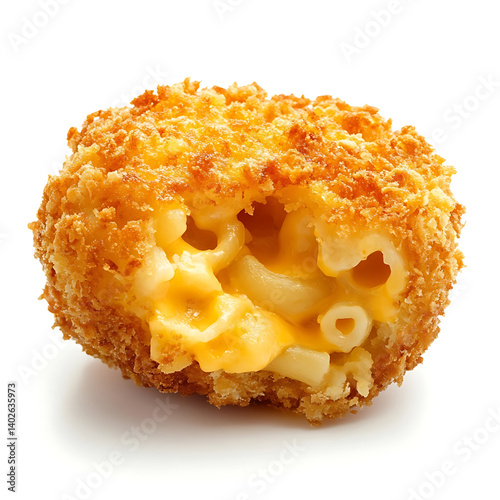 A golden crispy fried mac and cheese bite with a crunchy breadcrumb coating, gooey melted cheese pasta interior, and a slightly cube-shaped form