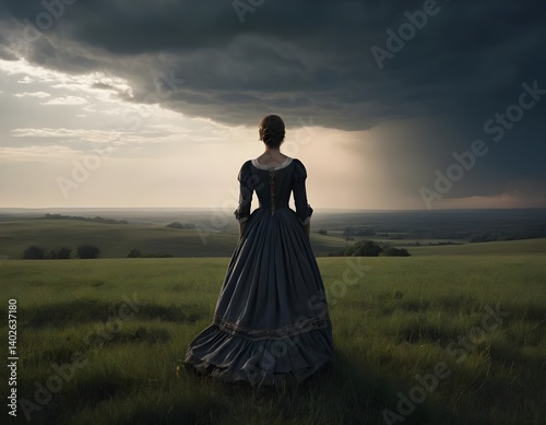 Woman in Victorian Dress Contemplating Stormy Landscape