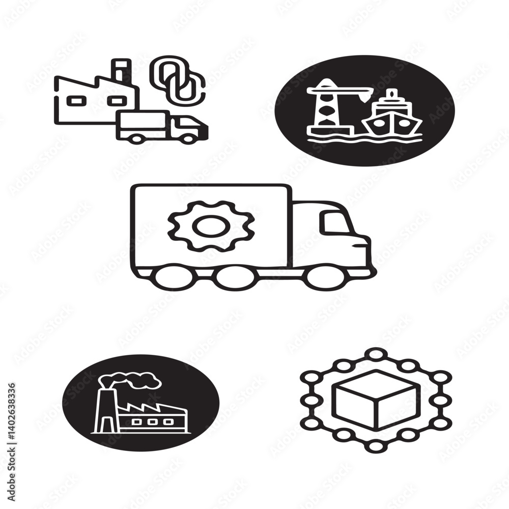 Set of 5 outline supply chain and with floral value, Chain silhouette editable vector isolated Set of 5 outline supply chain and with floral value, Chain silhouette editable vector isolated