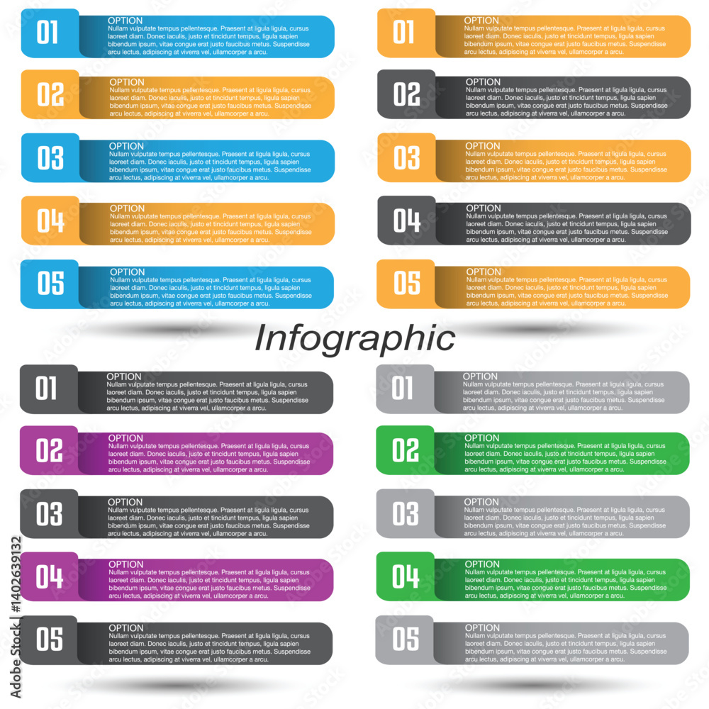 Collection infographics with steps and options, banner for business design and website template.