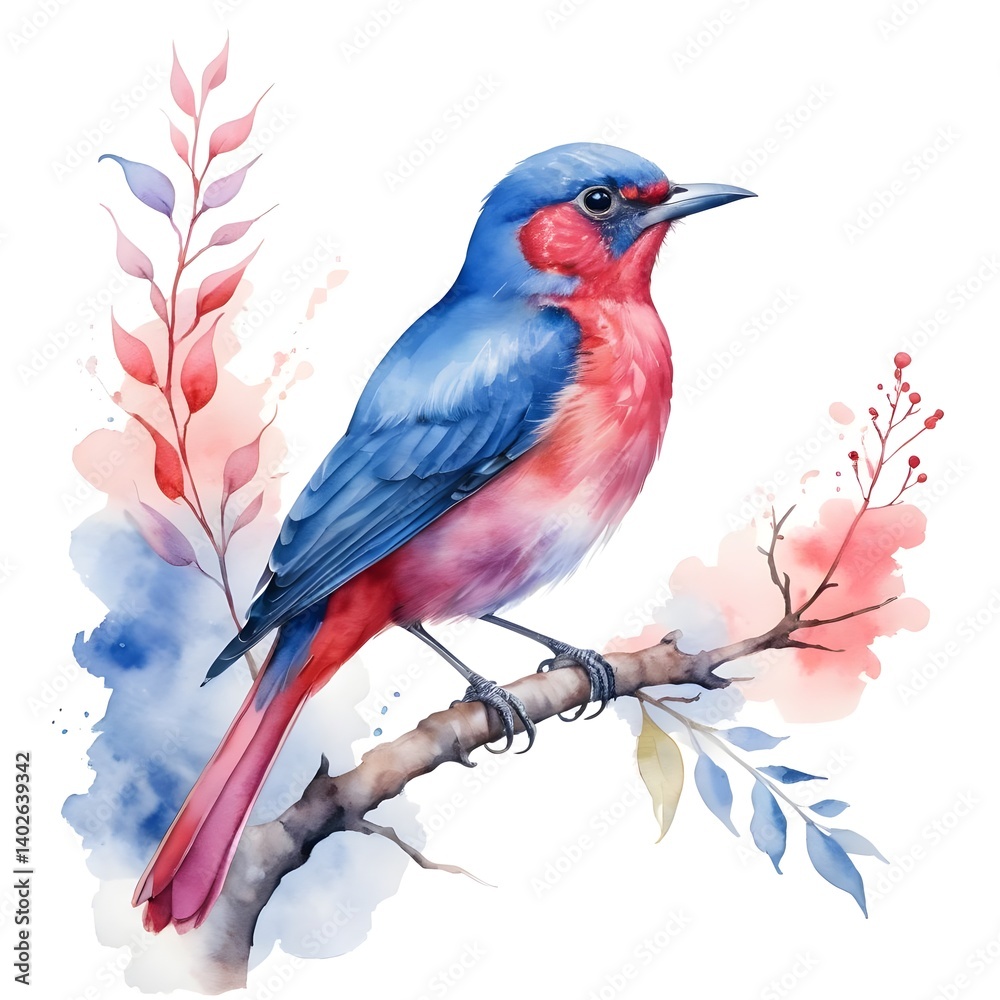 Fototapeta premium Watercolor Painting of a Colorful Bird on a Branch