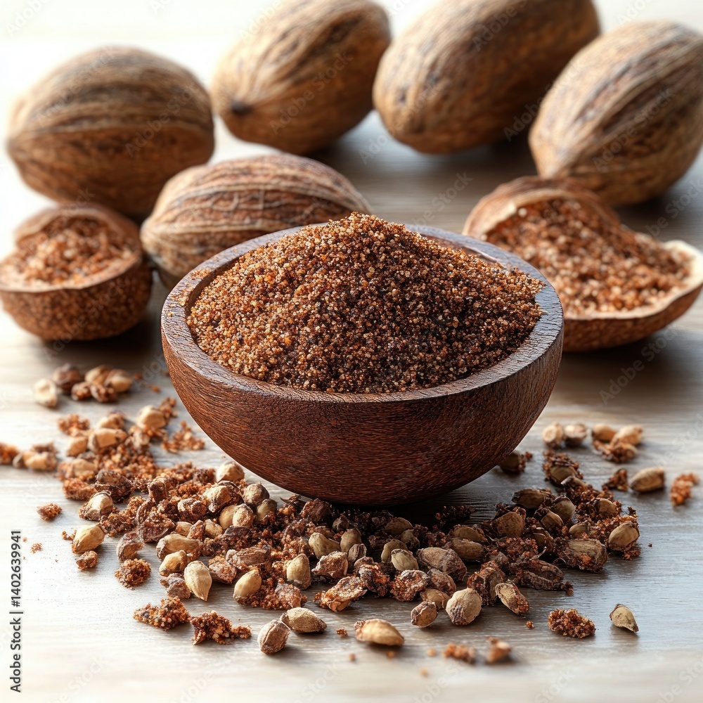 Nutmeg Seeds and Ground Spice in Bright Natural Light Top Down View Nutmeg Seeds and Ground Spice in Bright Natural Light Top Down View