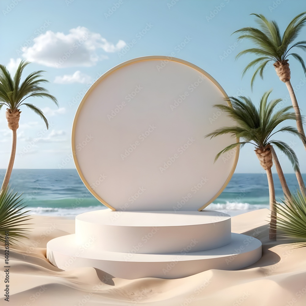 Obraz premium Tropical Beach Summer Mockup Blank Circle Sign on Podium