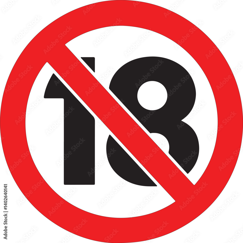 UNDER EIGHTEEN prohibition sign in crossed out red circle. Vector icon UNDER EIGHTEEN prohibition sign in crossed out red circle. Vector icon