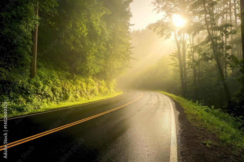 Obraz premium winding road surrounded by lush green trees