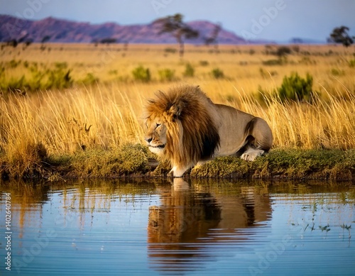 Un majestuoso león se arrodilla junto a una fuente de agua cristalina en la sabana. Bebe lentamente, con la mirada fija en el agua cristalina,