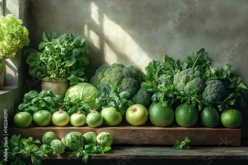 Assorted Green Leafy Vegetables in Dark Chiaroscuro Still Life