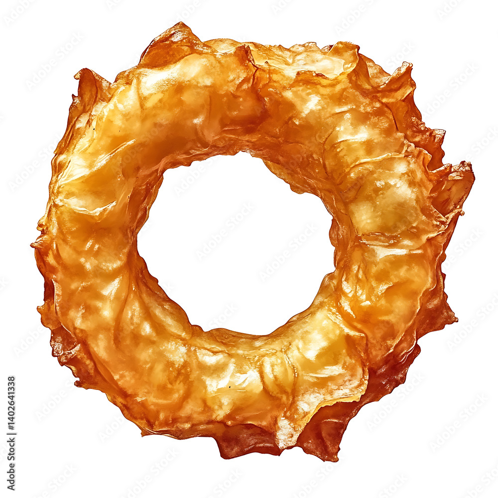 Fototapeta premium A golden crispy fried onion ring with a crunchy batter, tender onion interior, and slightly curled edges