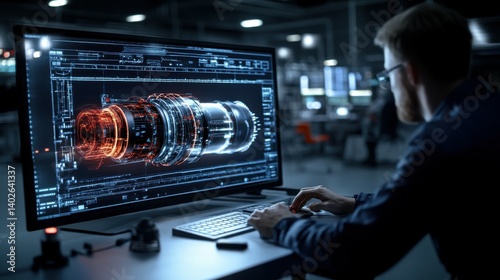 Engineers working on a futuristic jet engine prototype.