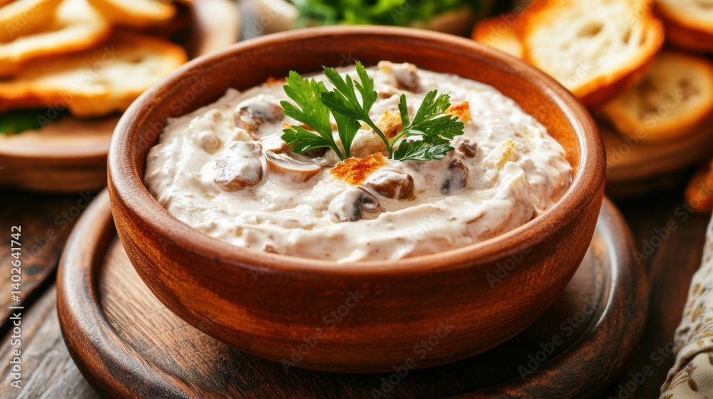 Creamy mushroom dip served with toasted bread slices in a cozy kitchen setting during a casual gathering Creamy mushroom dip served with toasted bread slices in a cozy kitchen setting during a casual gathering