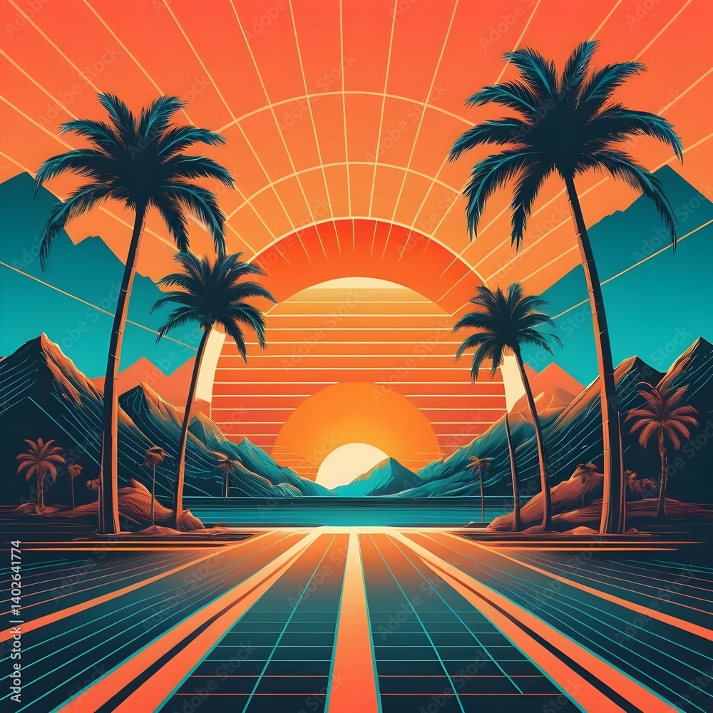 Naklejka premium Retro Sunset Highway to Paradise