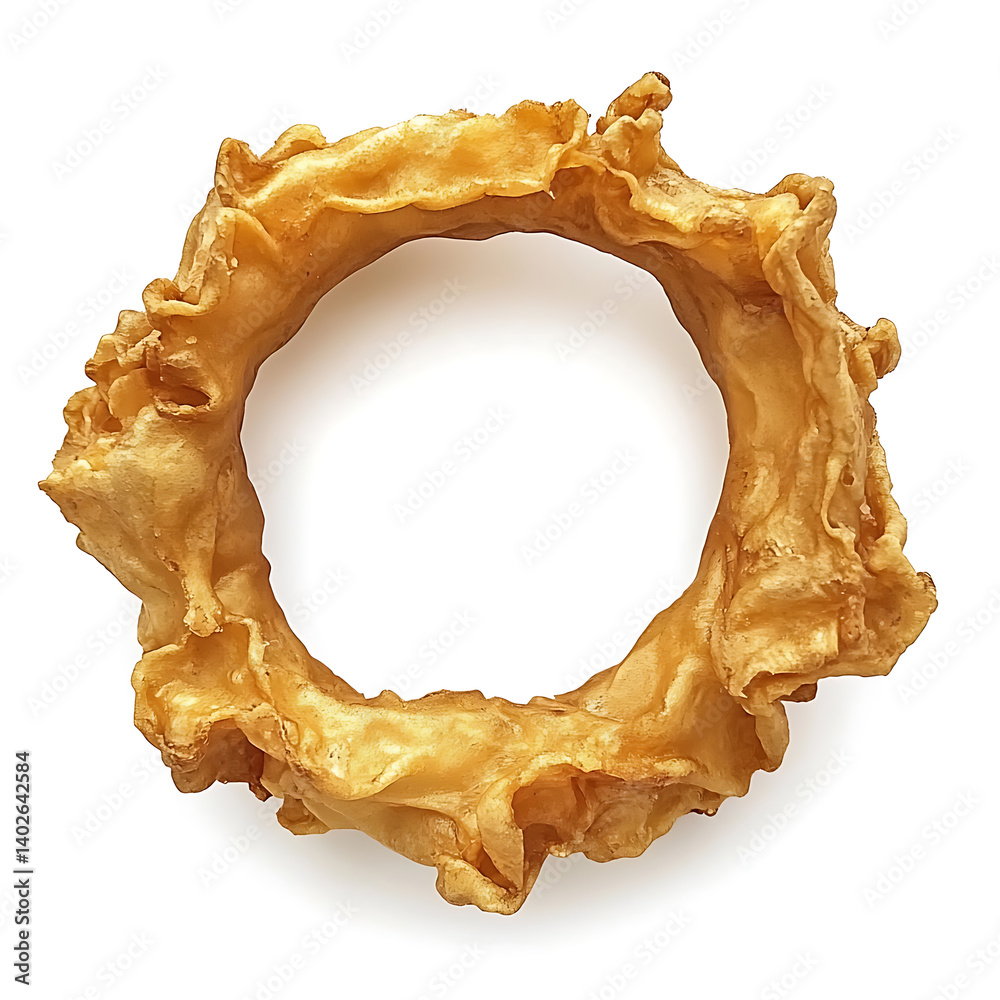 Fototapeta premium A golden crispy fried onion ring with a crunchy outer coating, tender onion interior, and slightly curled edges