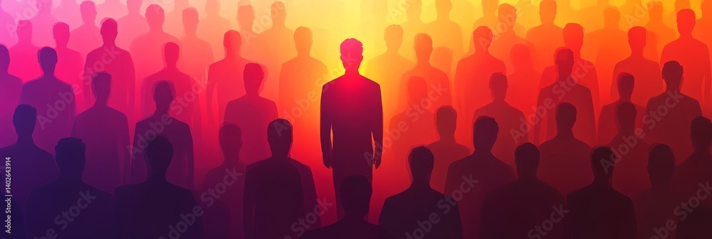 Obraz premium Standing out from the crowd: a brightly lit individual amongst a faceless group symbolizing uniqueness leadership and personal identity against a colorful background 
