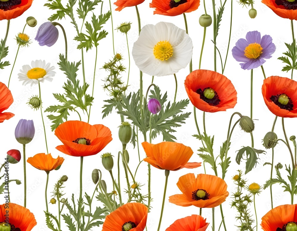 Fototapeta premium Seamless Pattern of Vibrant Wildflowers and Poppies