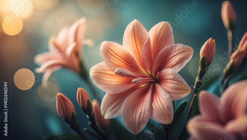 Elegant pink flower in soft sunlight with blooming buds and dreamy bokeh background, symbolizing beauty, peace, and nature