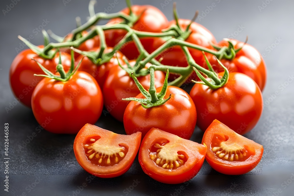 Juicy Red Tomatoes on Vine Close Up Photo Juicy Red Tomatoes on Vine Close Up Photo