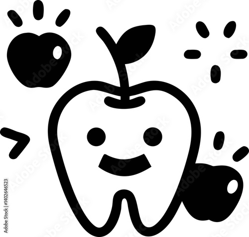 cute illustration of tooth with smiling face surrounded by apples, symbolizing dental health and nutrition. playful design emphasizes importance of healthy eating for strong teeth