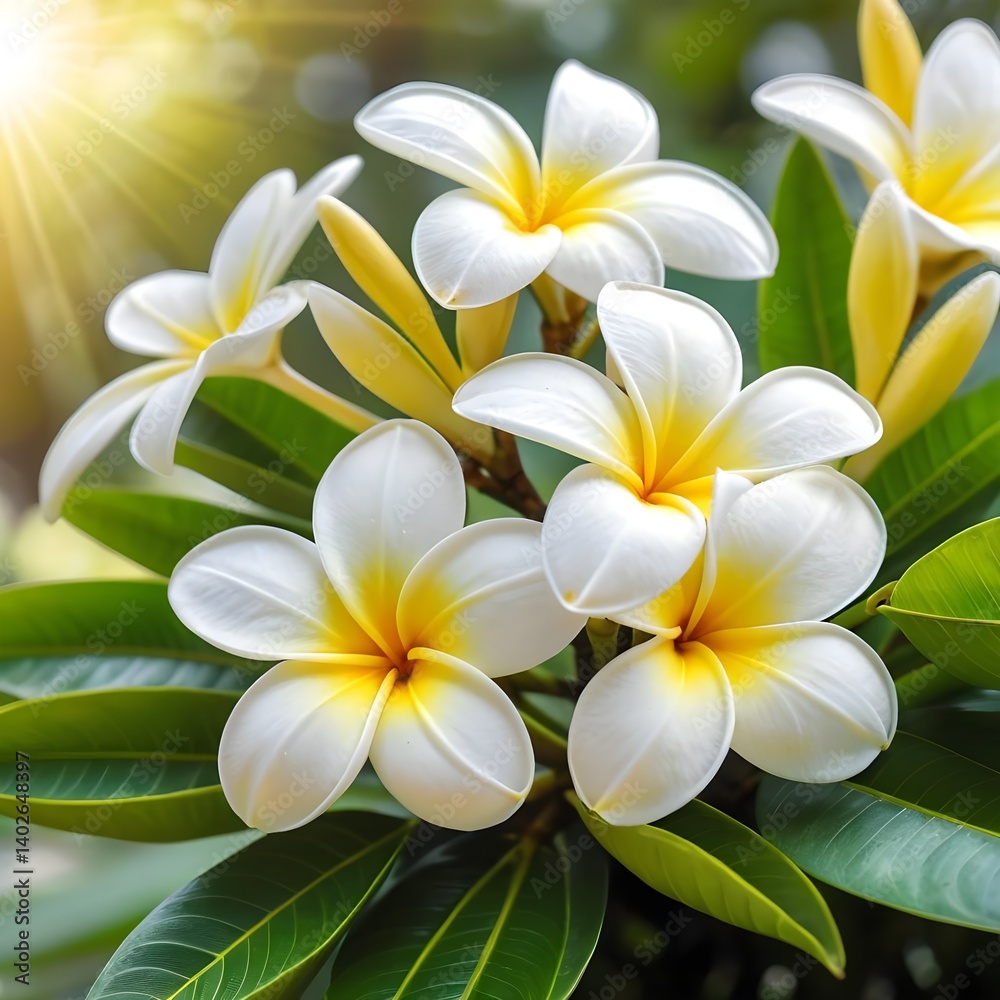 Naklejka premium Plumeria Flowers in Sunlight