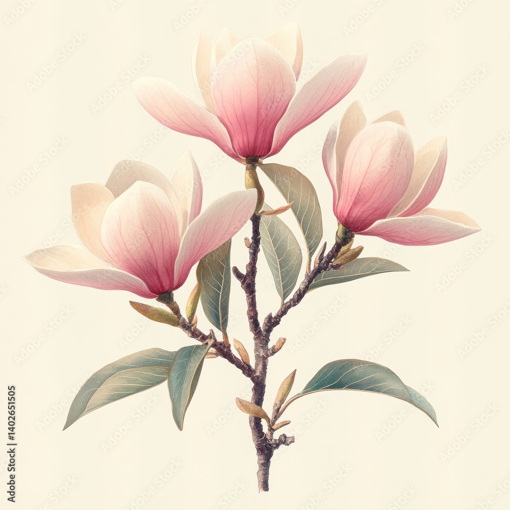 Fototapeta premium Magnolia Flowers and Leaves Botanical Illustration Watercolor Artwork Collage on White Background