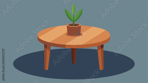 A round wooden table with a small potted plant in the center.