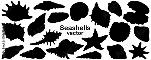 Seashell silhouettes vector set. Illustration of sea Shells on isolated background. Drawing of Scallop and Starfish. Cockleshell painted by black ink for icon or logo.