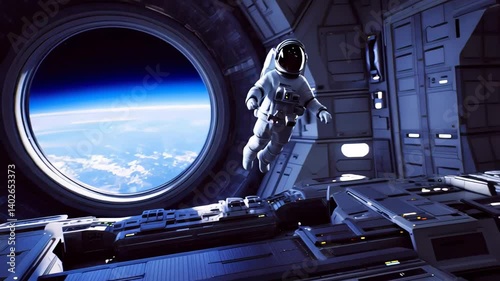 astronaut outside window appears framed in perfect circle. astronaut outside window bridges solitude and vastness. astronaut outside window invites reflection. Concept cosmic threshold