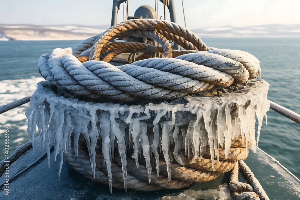 Obraz premium Icy Rope on Ship Deck