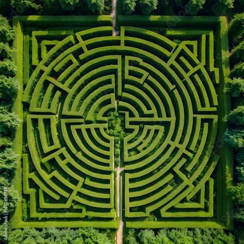 Aerial View of a Circular Green Hedge Maze