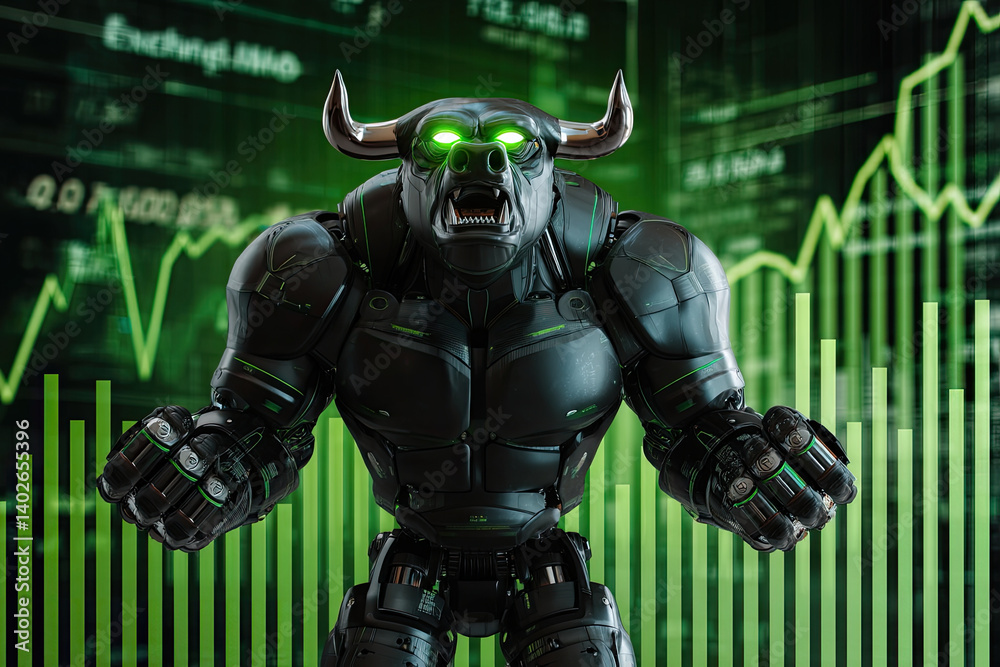 Naklejka premium futuristic robotic bull with glowing green eyes stands powerfully