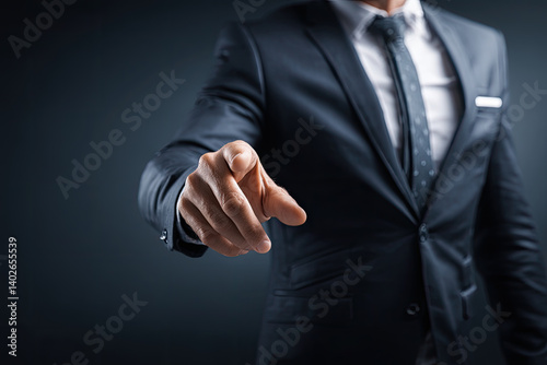 businessman in suit pointing forward confidently