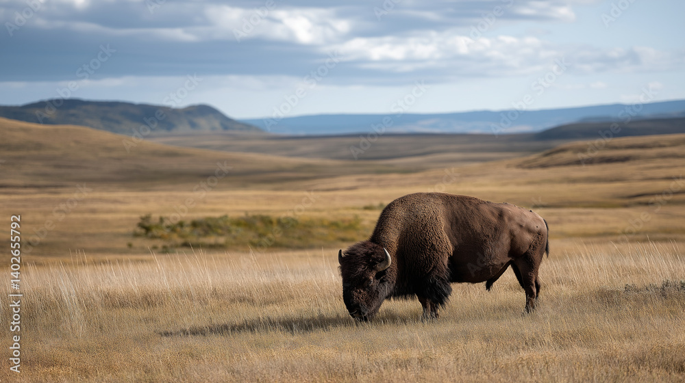 Grazing Bison on Prairie Grass under Vast Afternoon Sky Grazing Bison on Prairie Grass under Vast Afternoon Sky