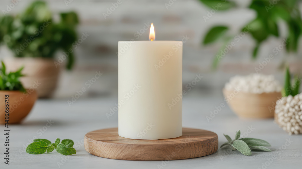 serene candle illuminates tranquil setting with herbs and plants nearby, creating calming serene candle illuminates tranquil setting with herbs and plants nearby, creating calming