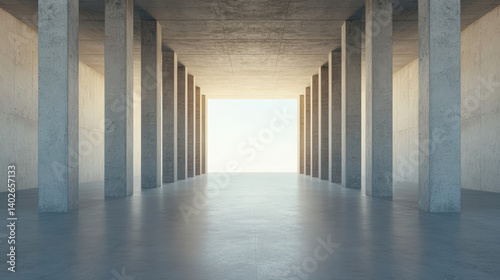 Modern architectural space with concrete pillars and bright light