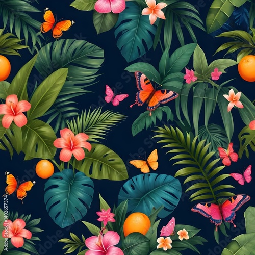 Tropical Paradise Seamless Pattern of Hibiscus, Butterflies, and Oranges